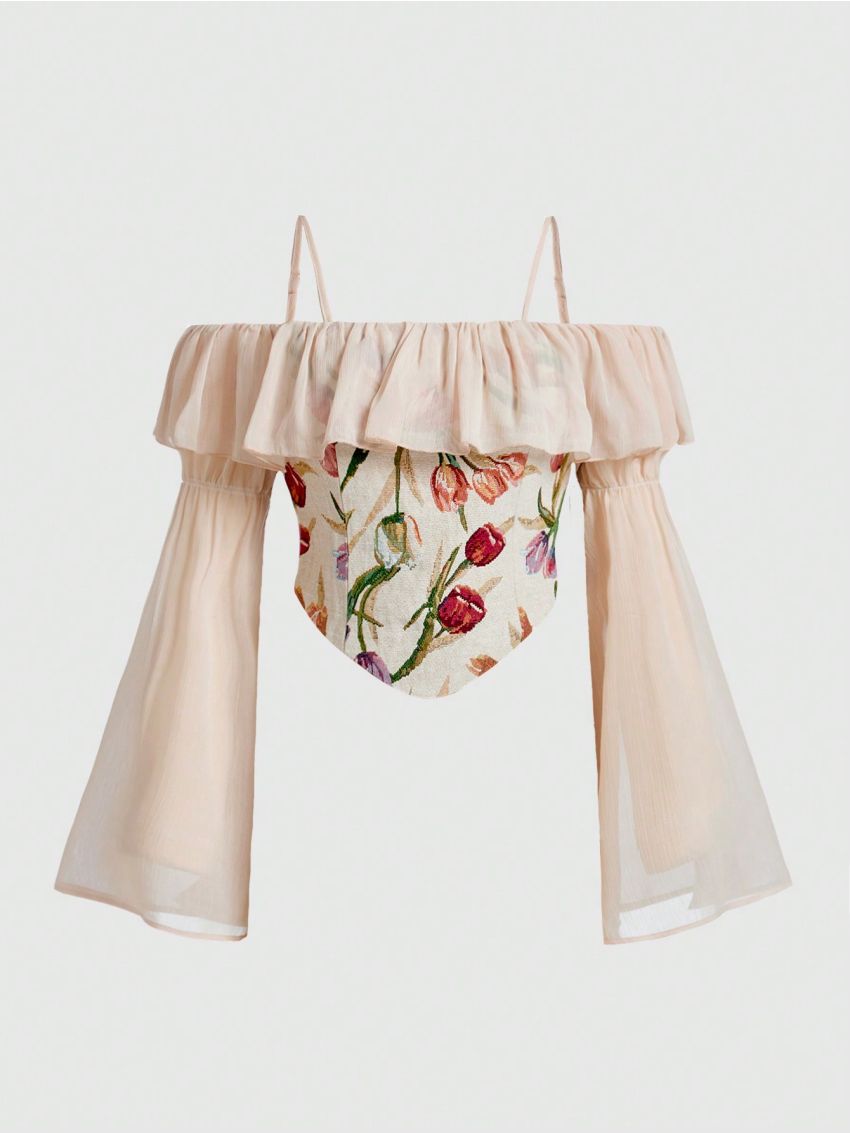 SHEIN Teen Girls' Jacquard Woven Chiffon Off Shoulder Top With Spaghetti Straps