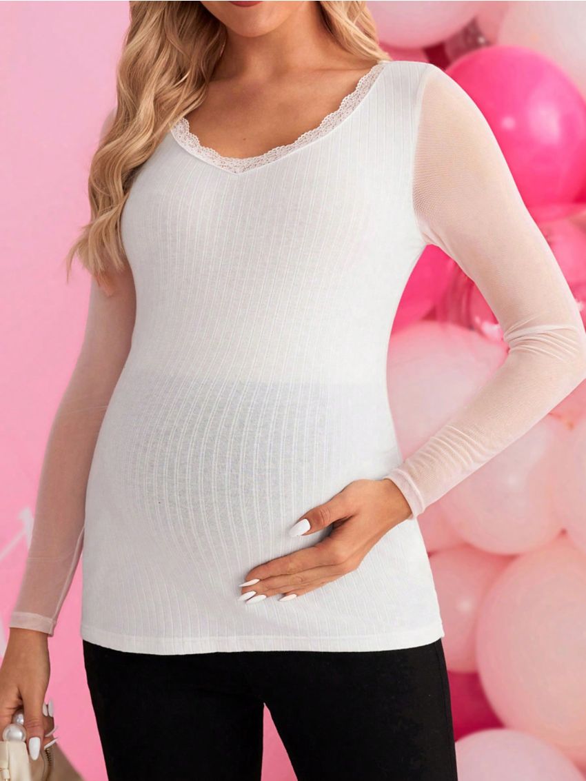 SHEIN Maternity Lace Trim V-Neck Mesh Long Sleeve T-Shirt
