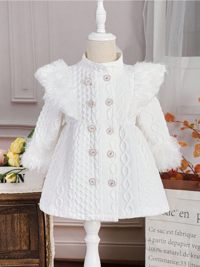Infant Girls' Plush Fashionable Corduroy Coat With Ruffled Edge For Autumn And Winter