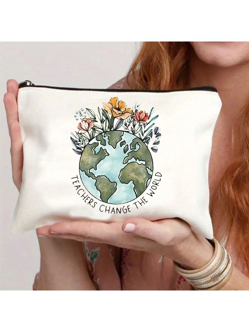 Teacher Change The World Print Cosmetics Bag, Travel Pouch Bag Toiletry Bag, Gift For Teacher,Teacher Appreciation Gifts Music Teacher Gifts Teacher Survival Kit Teacher Supplies For Classroom Best Teacher Gift Small Gift Bags Makeup Bag Teacher Bag