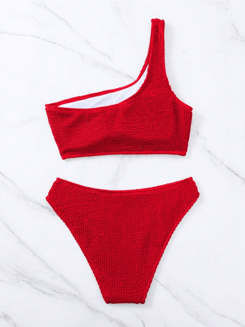 SHEIN Swim Basics Women'S Single Shoulder Strap Sleeveless Bikini Set With Separated Bottom