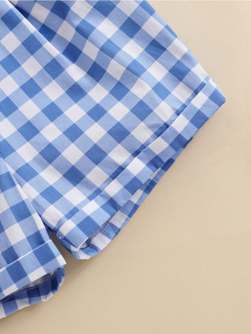 SHEIN Baby Boy'S Gentleman Suit White Short Sleeve Shirt + Bowtie Grid Suspenders Shorts Set