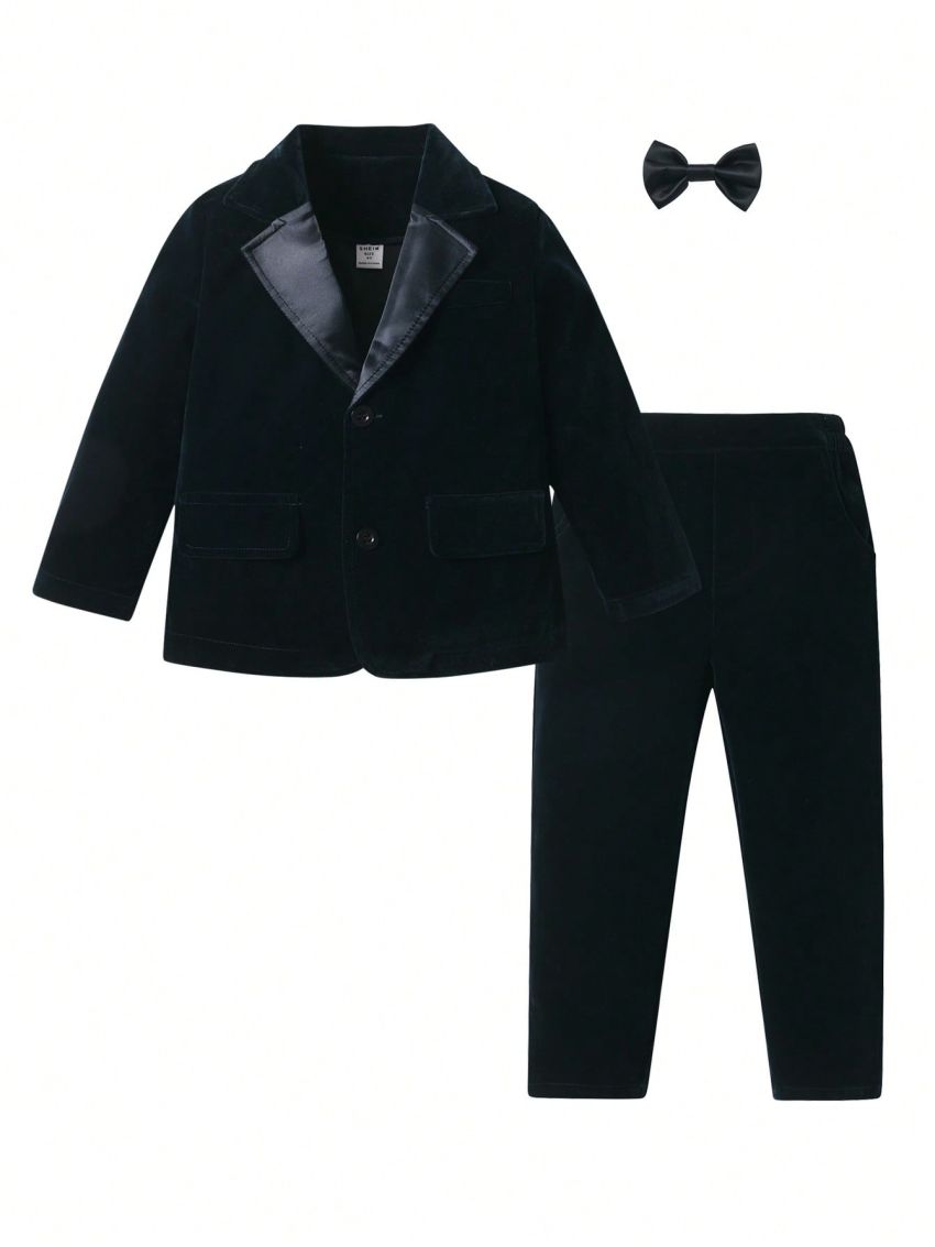SHEIN Boys' Single Breasted Blazer With Lapel Lapel And Suit Pants And Bow Tie Holiday Party Set
