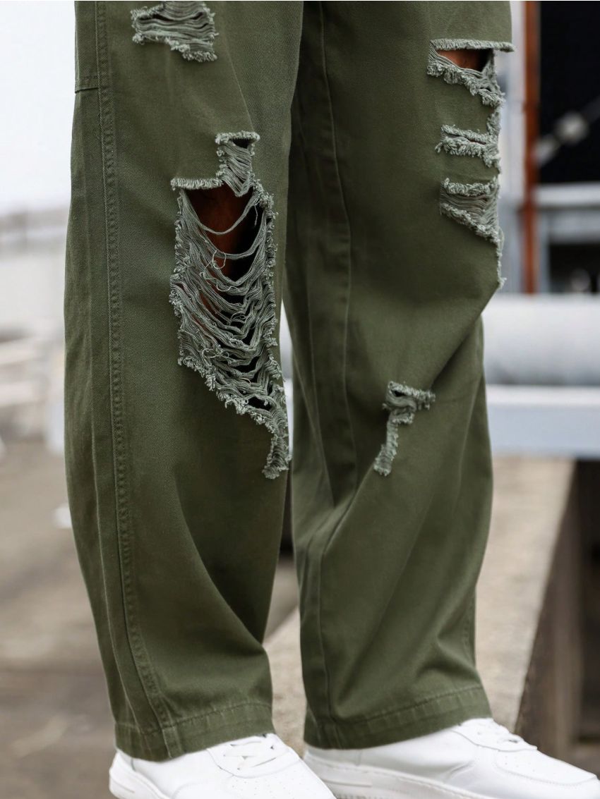 Men Ripped Slant Pocket Denim Overalls Without Tee