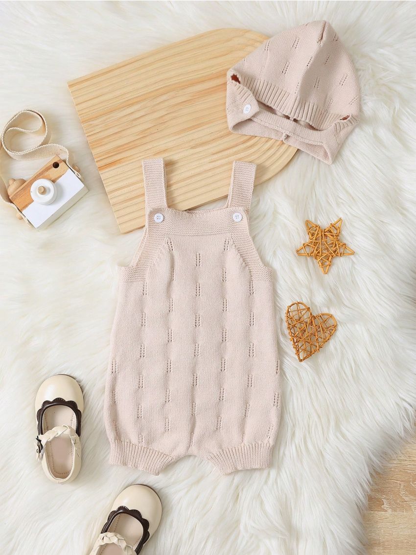 Newborn Baby Boys' Solid Color Knitted Romper With Suspender Straps, Autumn And Winter