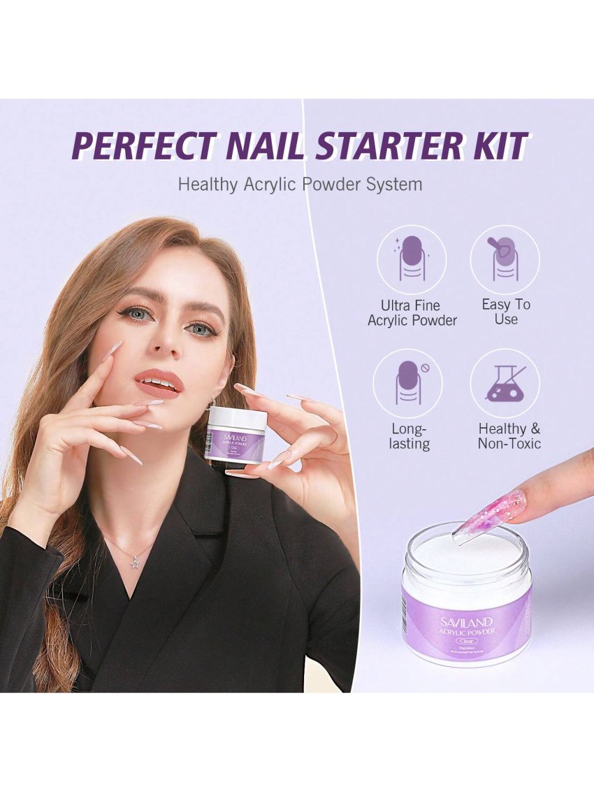 Saviland Acrylic Nail Kit – 30g Clear Acrylic Powder and 60ml Acrylic Liquid Set with Acrylic Nail Brush Nail Forms Tools Set Extension Nail Kit for Beginners with Everything for Home DIY Salon Acrylic Nails Application