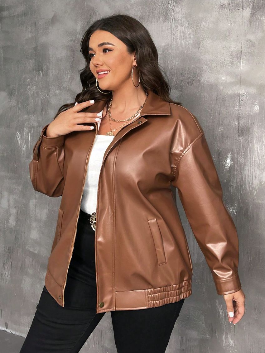 SHEIN Frenchy Plus Size Pu Leather Jacket With Drop Shoulder