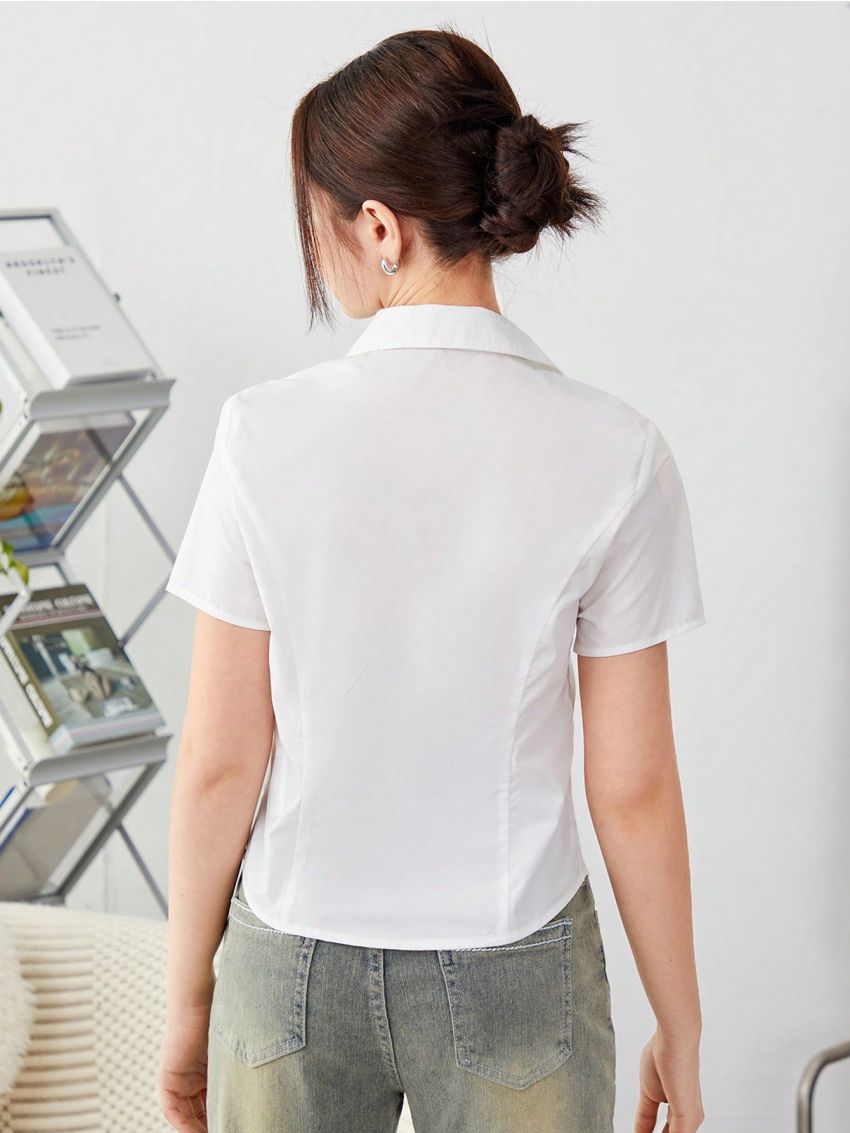 SHEIN Teen Girls' Solid Color Short Sleeve Casual Shirt With Pleated Front