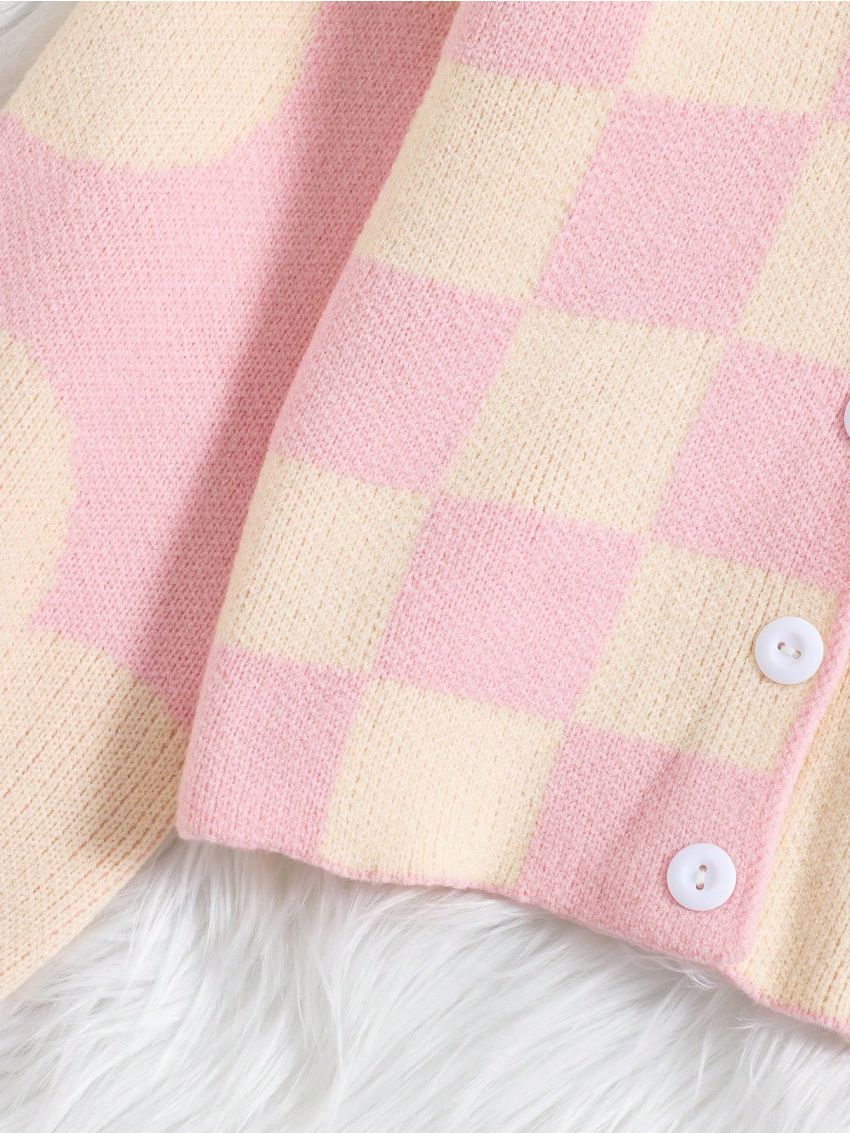 Tween Girl Checker Pattern Drop Shoulder Cardigan