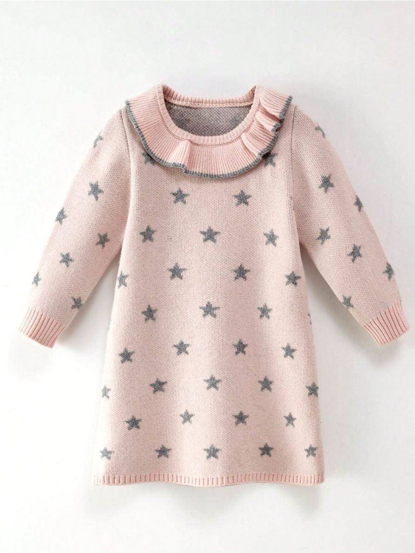 Young Girl Star Pattern Ruffle Trim Sweater Dress