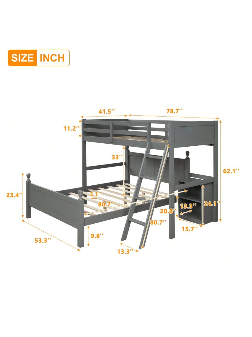 MISSUNNY Twin over Full Loft Bed with Cabinet, Gray