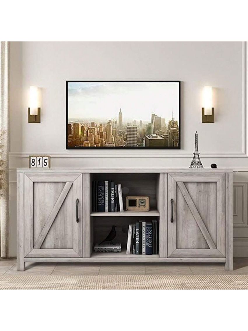 TV Stand for TVs up to 65 Inches, Wooden Media Console with Barn Door and Adjustable Shelves, Rustic TV Console Table Cabinet for Living Room Bedroom 60 Inch (Grey Wash)