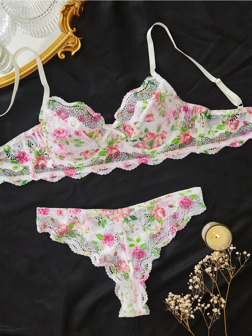 Floral Print Lace Underwire Lingerie Set
