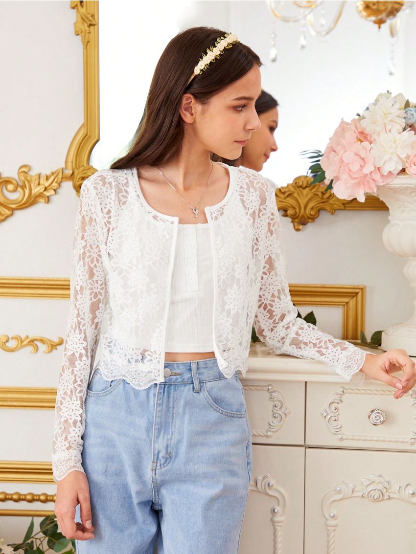 Teen Girl's Elegant Lace Trim Shell Edge Thin Jacket