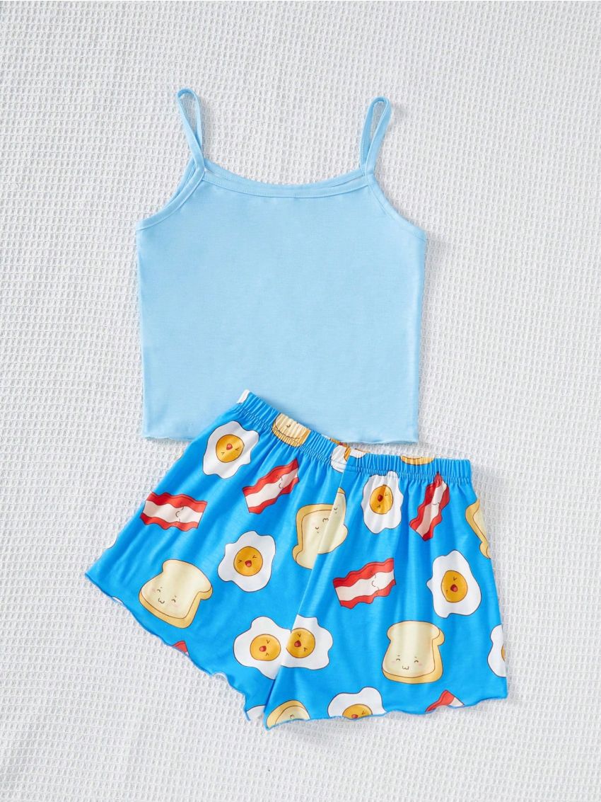 SHEIN Tween Girls' Knit Cartoon Egg Print Cami Top & Shorts Pajama Set