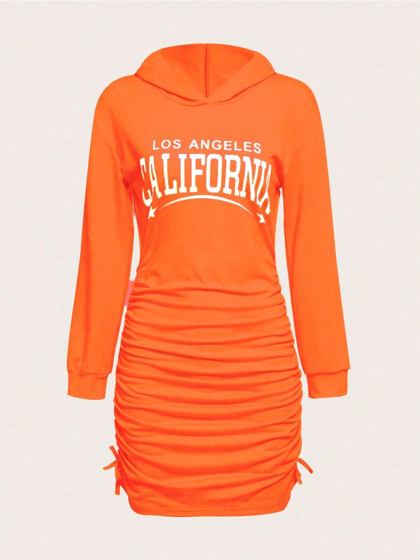 SHEIN Teen Girls' Letter Printed Y2k Streetwear Academy Pleated Bodycon Hoodie Dress