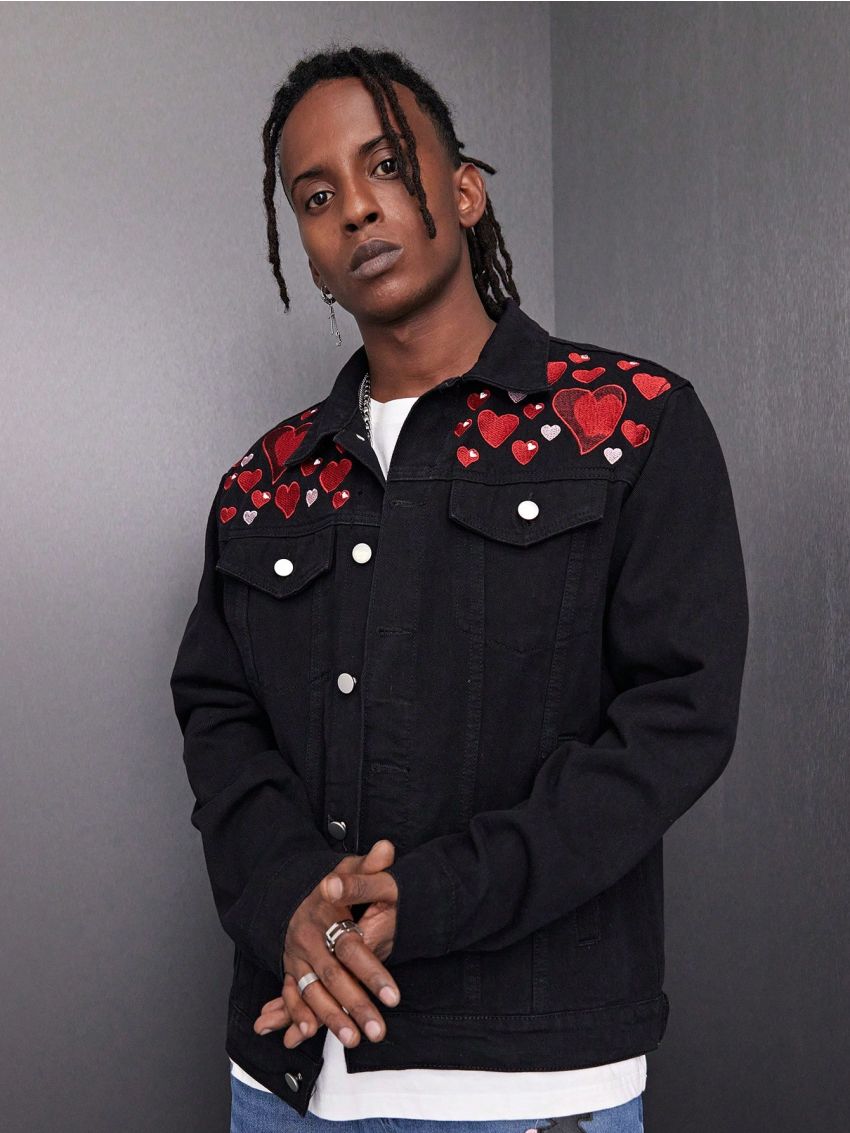 Manfinity EMRG Men's Jean Jacket With Heart-shaped Pattern And Flap Detail