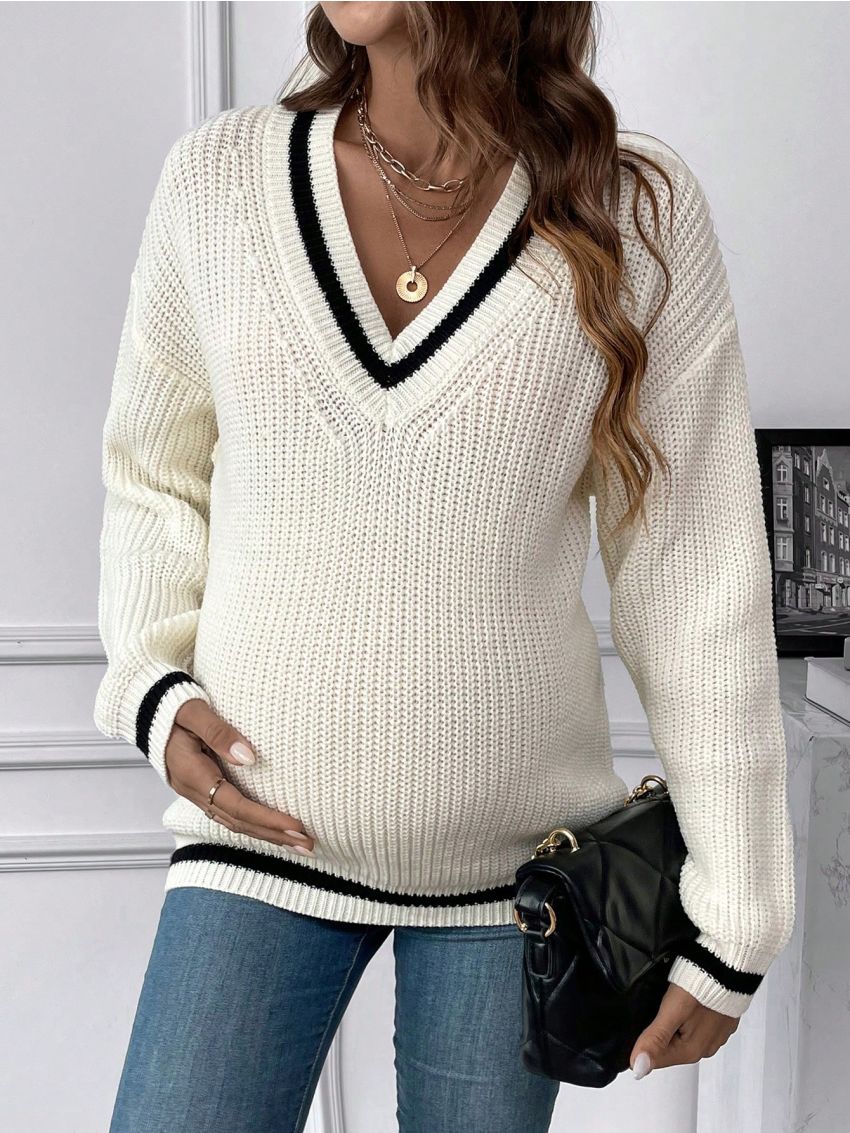 Maternity Striped Trim Drop Shoulder Cricket Sweater