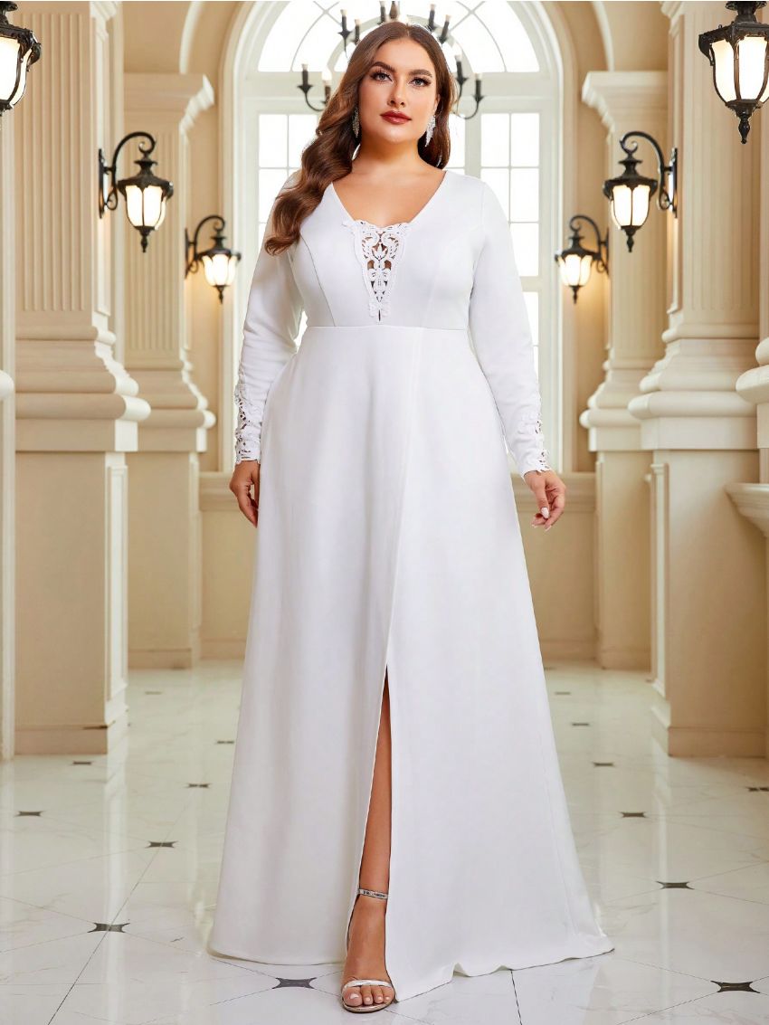 SHEIN Belle Plus Guipure Lace Insert Split Thigh Wedding Dress