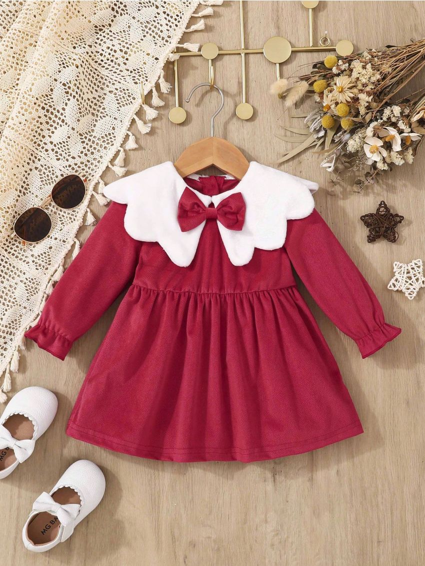 Infant Girls' Winter Warm Plush Collar Red Dress With Patchwork Design For Casual Daily Wear