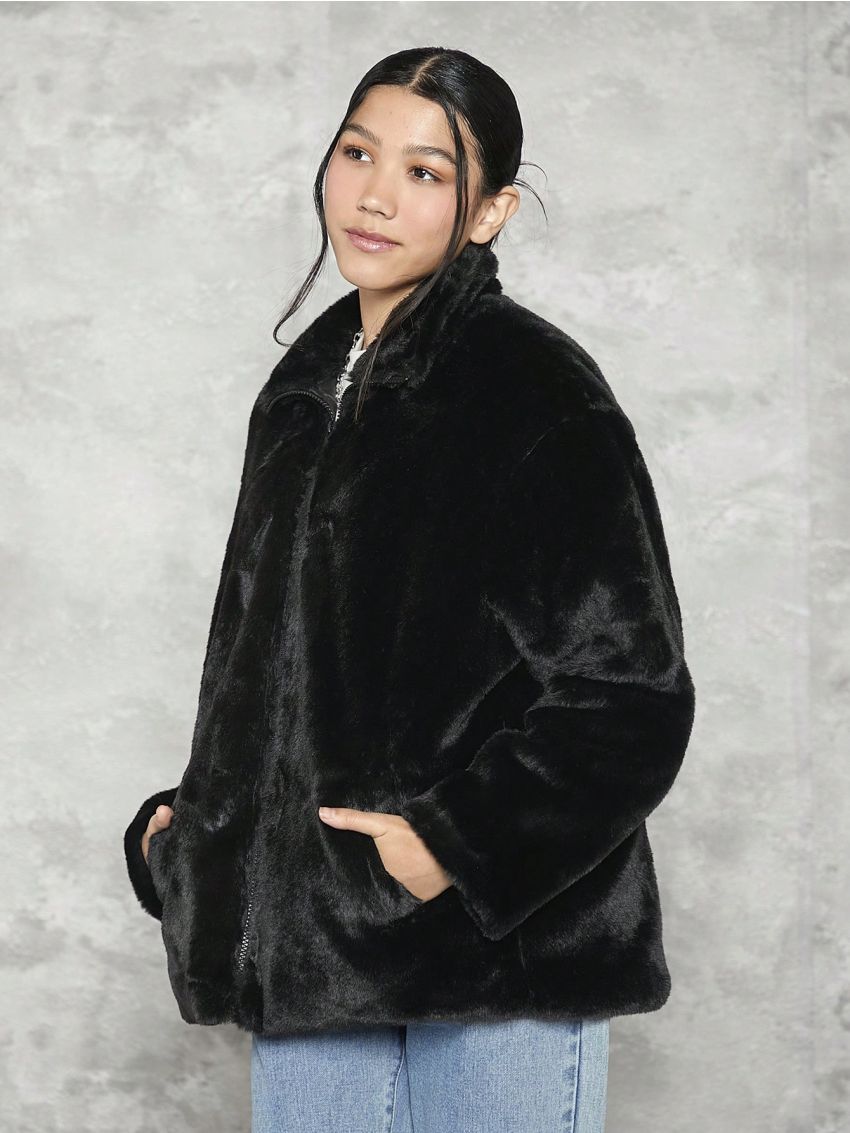 Teen Girl Letter Embroidery Drop Shoulder Teddy Coat