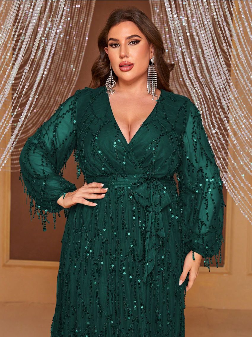 Giffniseti Plus Plunging Neck Belted Sequin Formal Dress