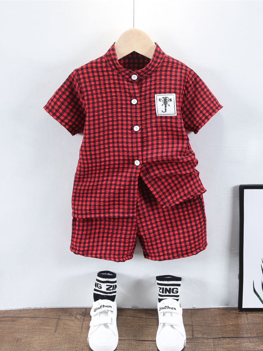 SHEIN Kids SUNSHNE Toddler Boys Gingham Button Up Shirt & Shorts