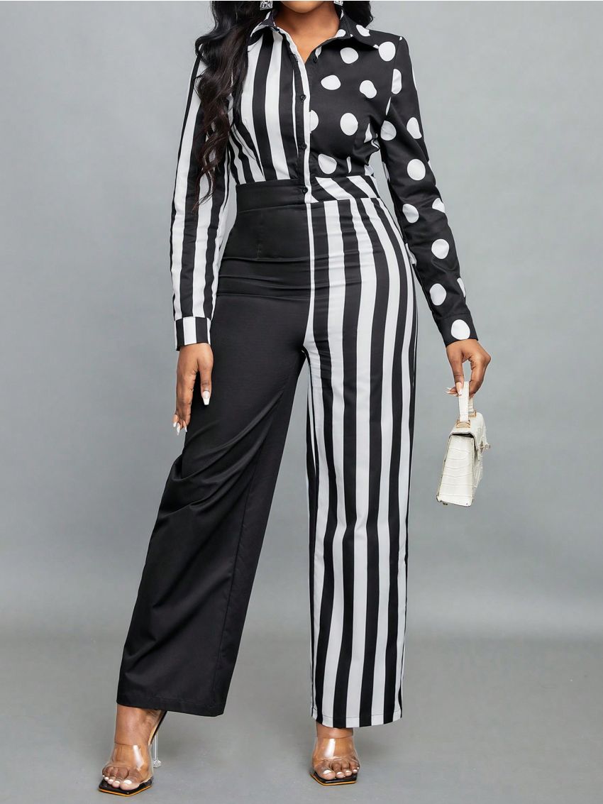 SHEIN Lady Ladies' Striped Polka Dot Shirt Jumpsuit
