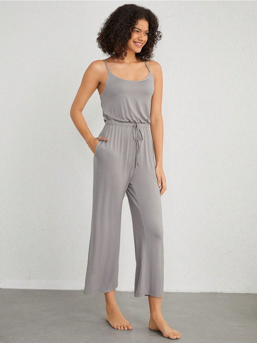 SHEIN Leisure Drawstring Waist Home Wear Jumpsuit With Slanted Pockets