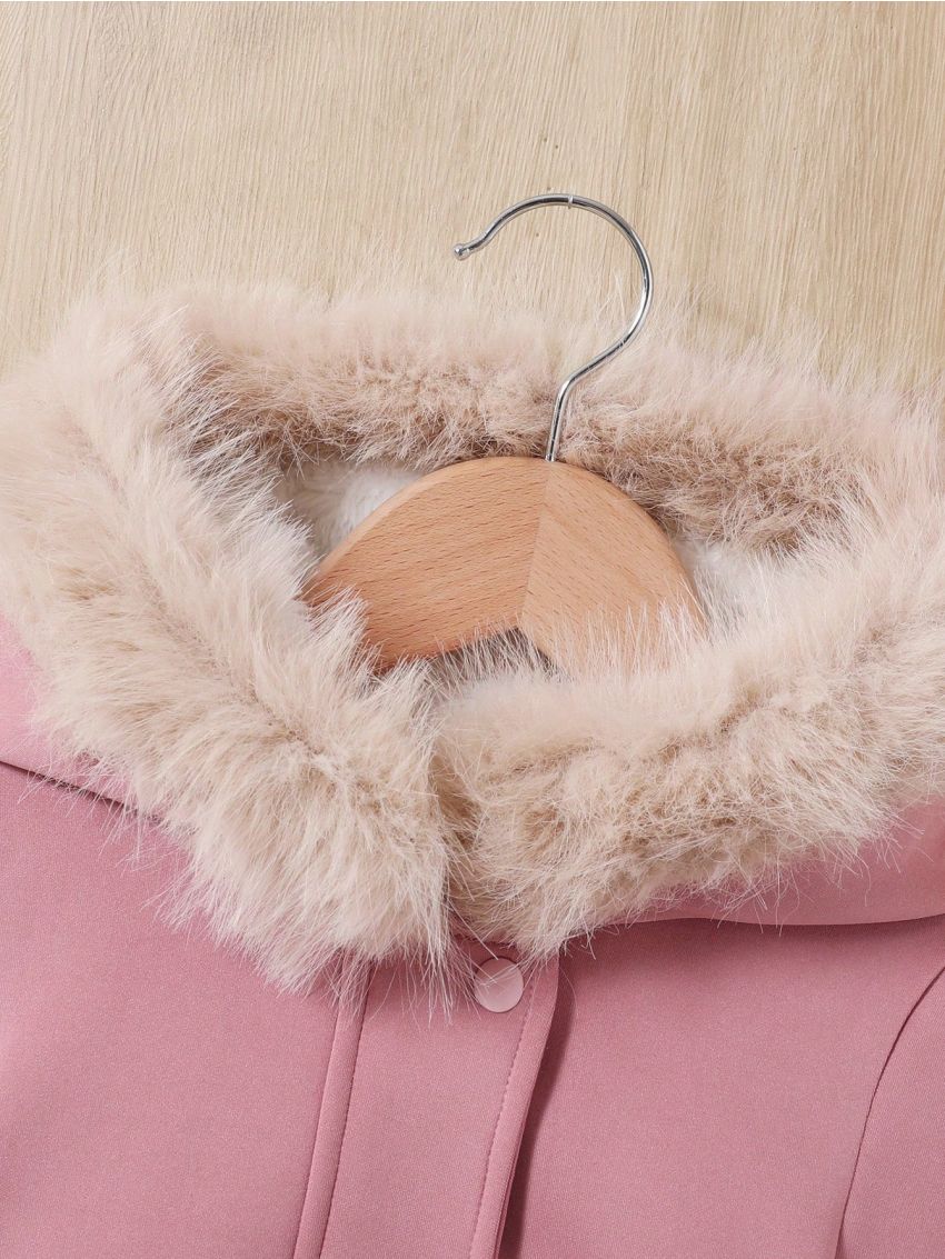 SHEIN Baby Girls' Casual Faux Suede Thickened Fleece Lined Hooded Coat With Collar, Pink
