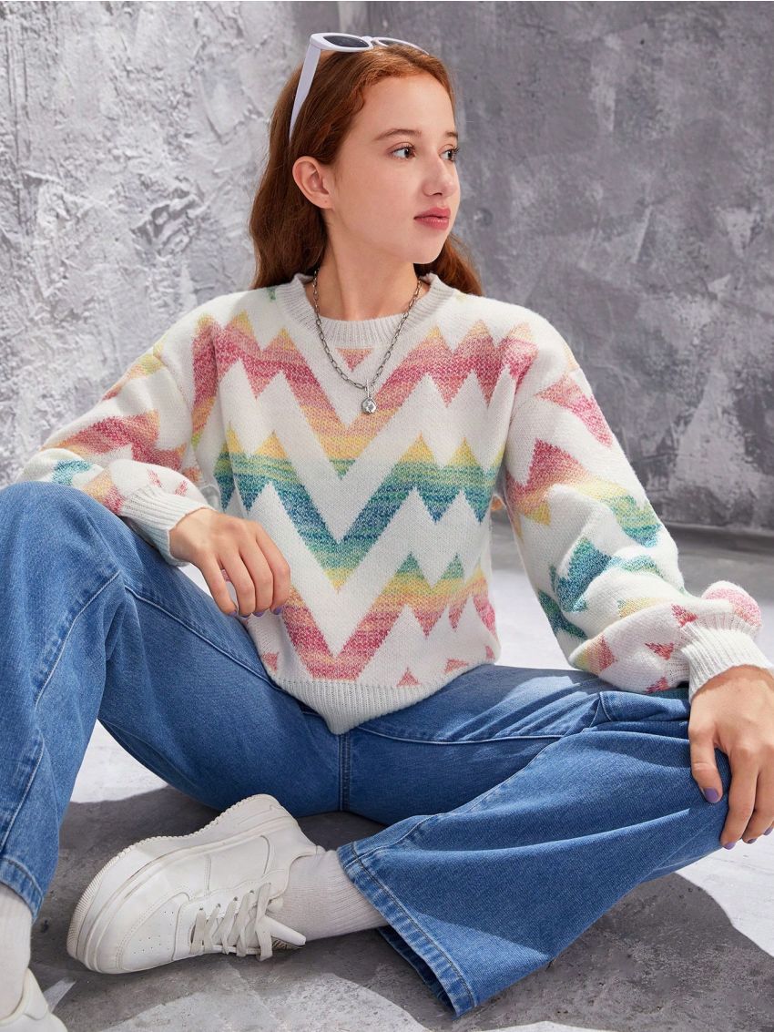 Teen Girls' Color Block Herringbone Pattern Sweater
