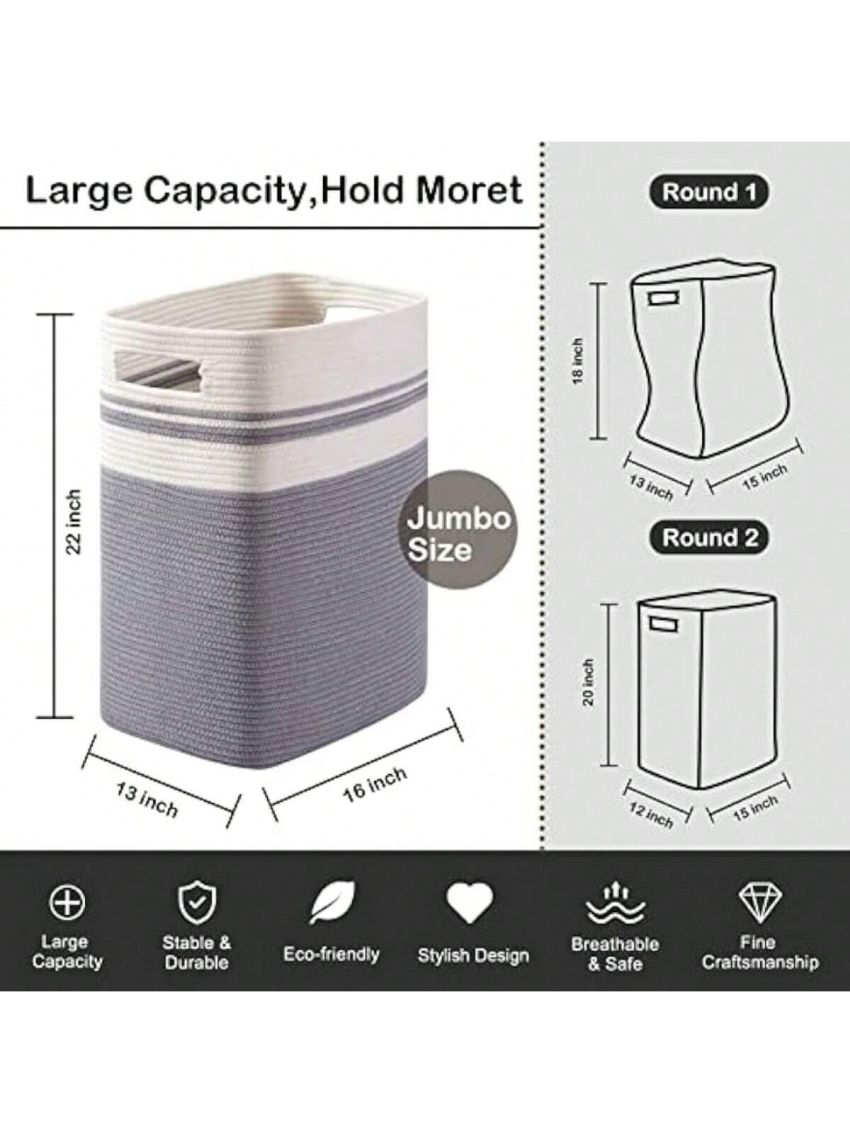 Laundry Basket, Rectangle Laundry Hamper,Tall Cotton Storage Basket with Handles,Collapsible Large Basket for Clothes,Decorative Blanket Basket for Living room-16.5x12.6x21.6in-Gray