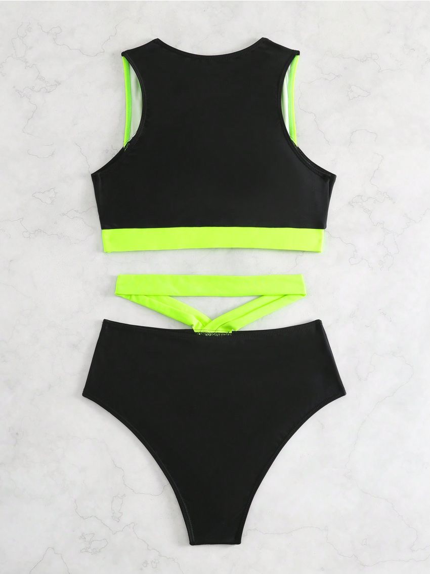 SHEIN Swim Summer Beach Contrast Neon Trim Bikini Set Bathing Suit