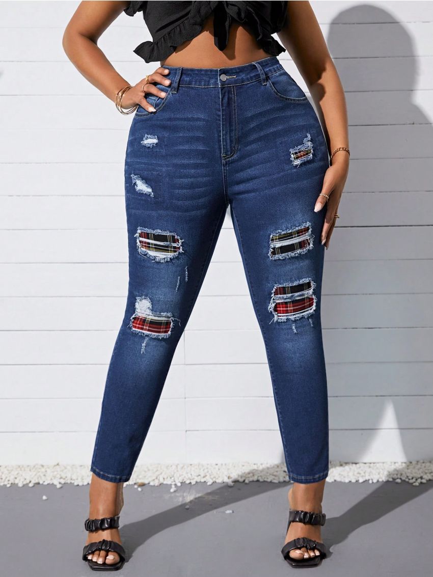 Women'S Plus Size Distressed Plaid Patchwork Jeans