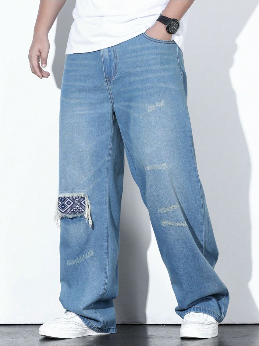 Extended Sizes Men's Plus Size Straight Leg Jeans With Geometric Patchwork Design