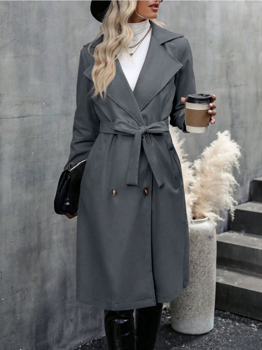 Women's Solid Color Double-breasted Windbreaker With Waist Belt