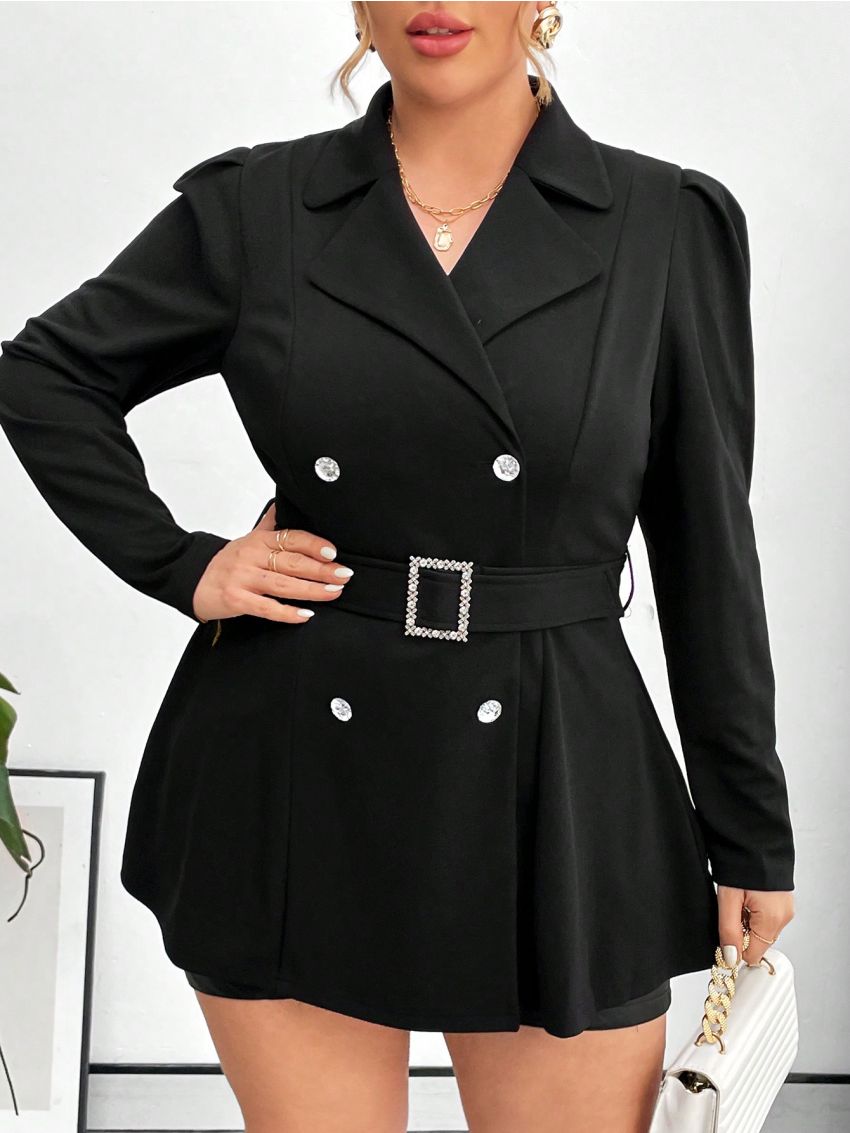 SHEIN Privé Double Breasted Belted Plus Size Women's Long Suit Jacket