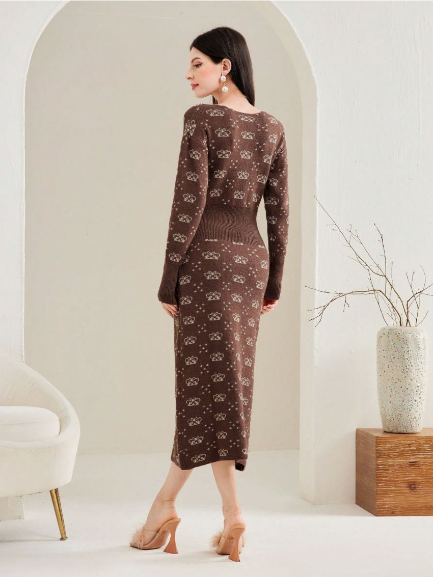 SHEIN Modely Women's Full Printed V-neck Gathered Waist Knitted Dress