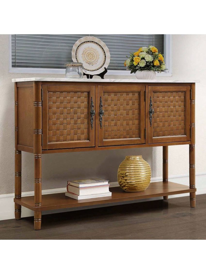 Entryway Table with Artificial Stone Look Tabletop, 47'' Farmhouse & Modern Console Table with Storage, Rustic Sofa Table with Open Shelf for Entry Way, Hallway, Living Room, Oak