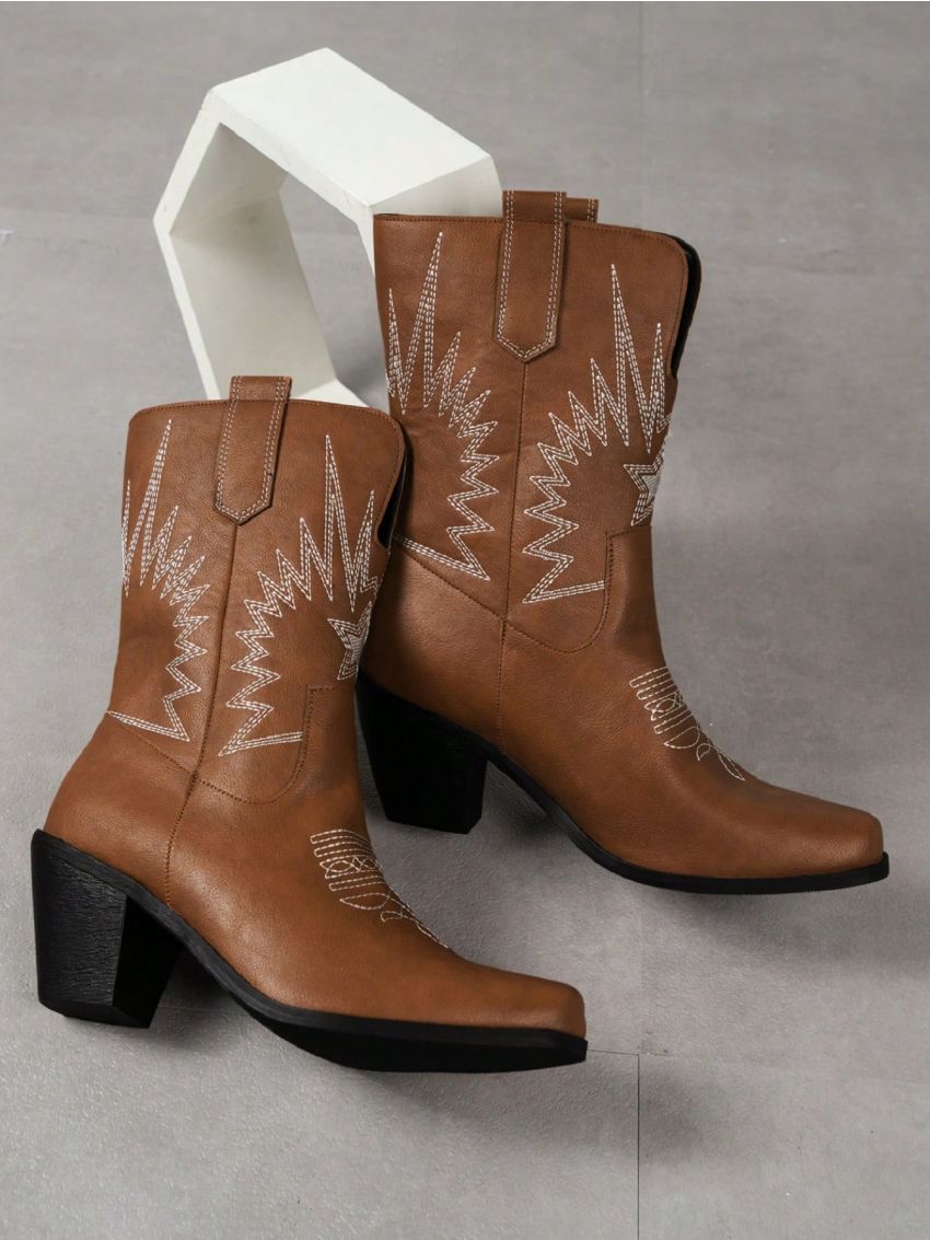2023 New Vintage Western Cowboy Boots For Women With Embroidery, V-shaped Mouth, Chunky Heel, Pointed Toe, Mid-calf, Knight, Single Boot, Autumn/winter