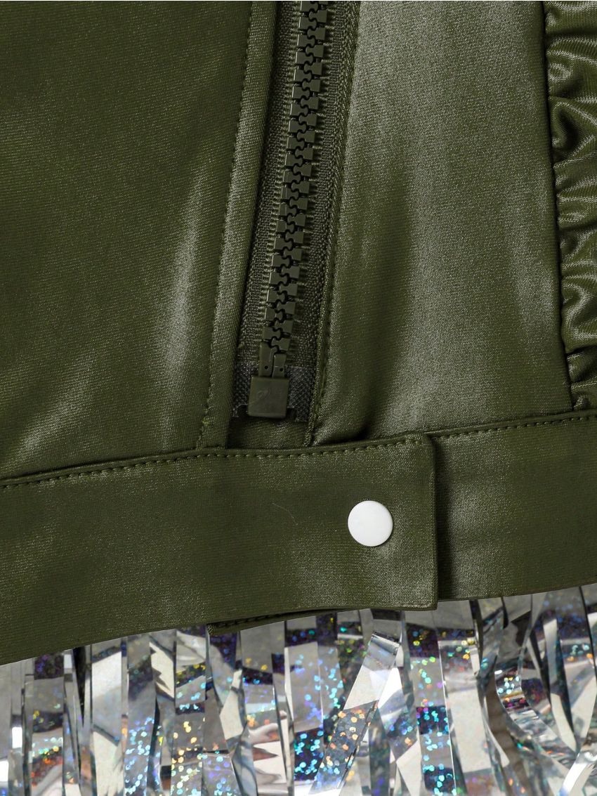 Baby Girls' Coated Jacket With Slanted Zipper, Ruffle Hem And Lapel