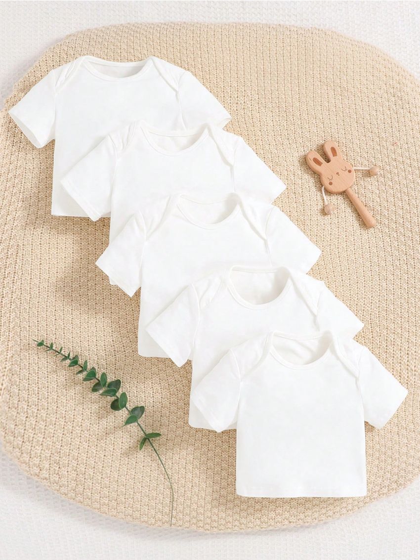 SHEIN Newborn Baby Boy Knitted Soft Round Neck Short Sleeve Top Solid Color Basic Summer T-Shirt Five-Piece Set