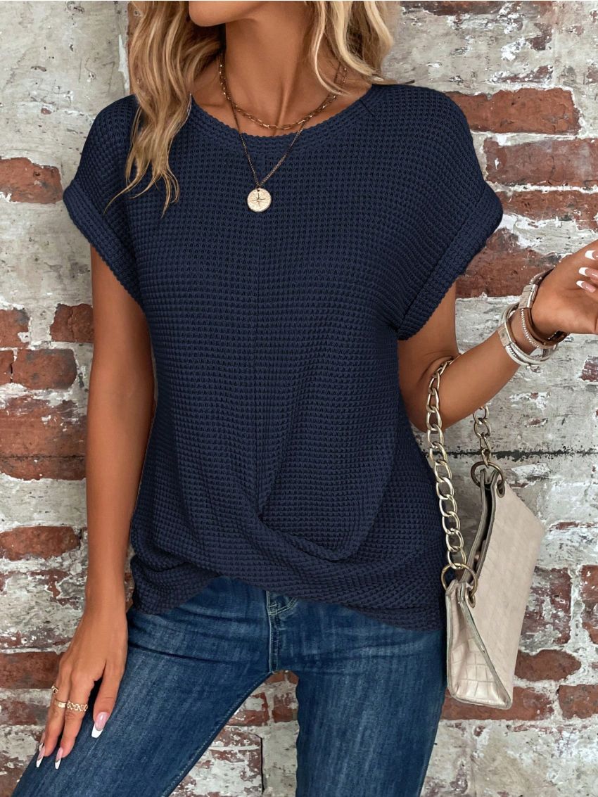 SHEIN LUNE Solid Batwing Sleeve Cross Wrap Hem Tee