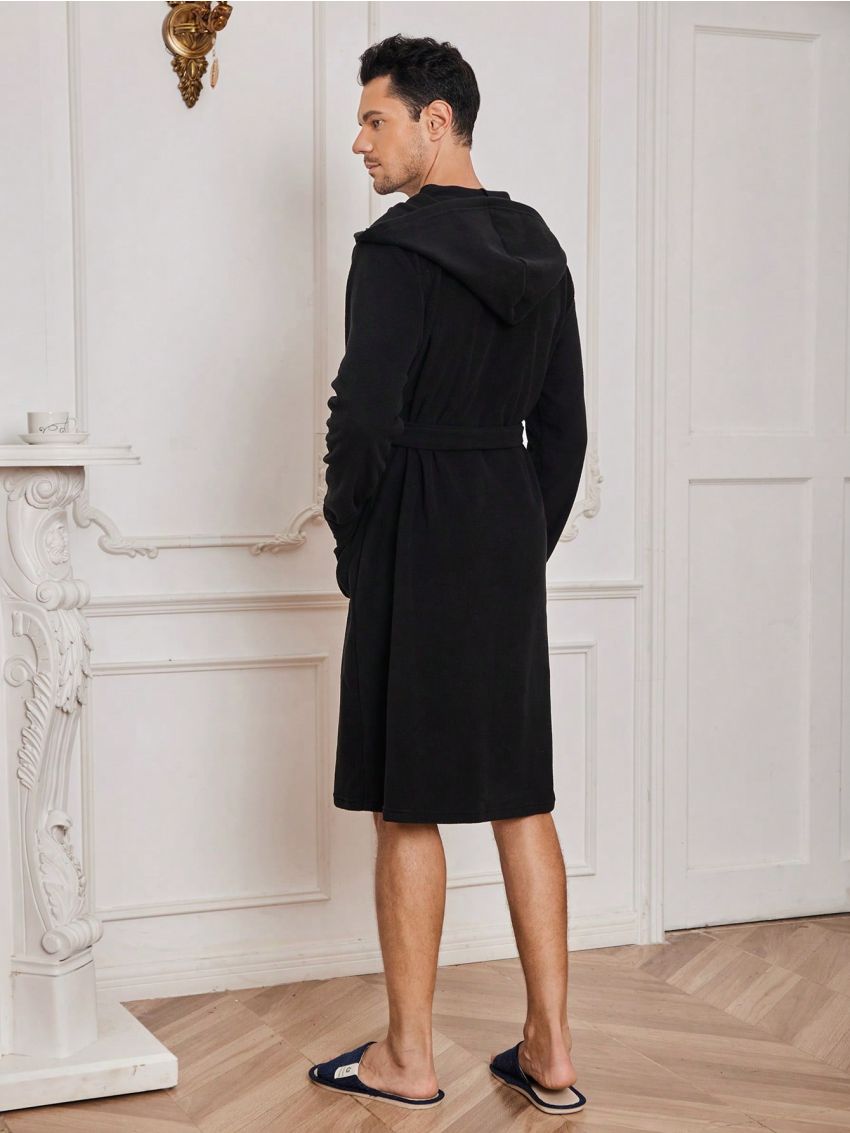 Men Letter Flocking Hooded Belted Robe