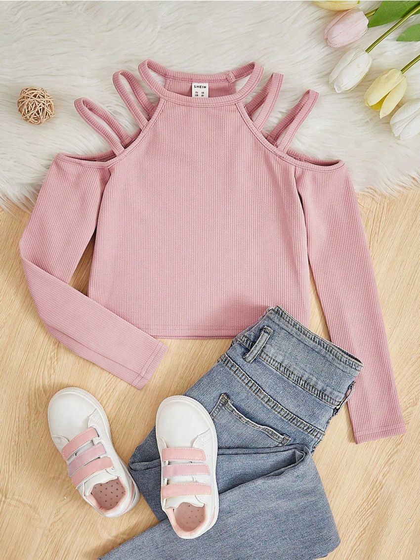 SHEIN Tween Girl Knitted Solid Color Hollow Out Shoulder Casual Slim T-Shirt