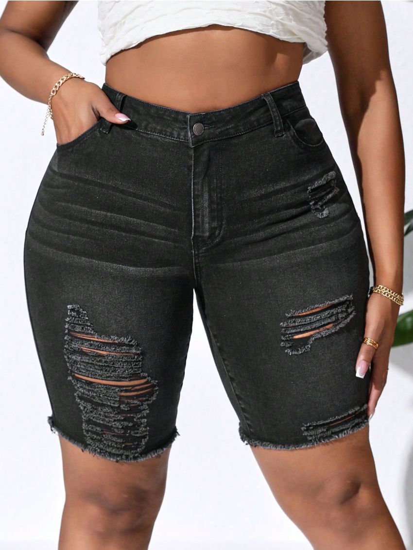 SHEIN VCAY Women's Plus Size High Waist Irregular Ripped Tight Denim Shorts With College Style