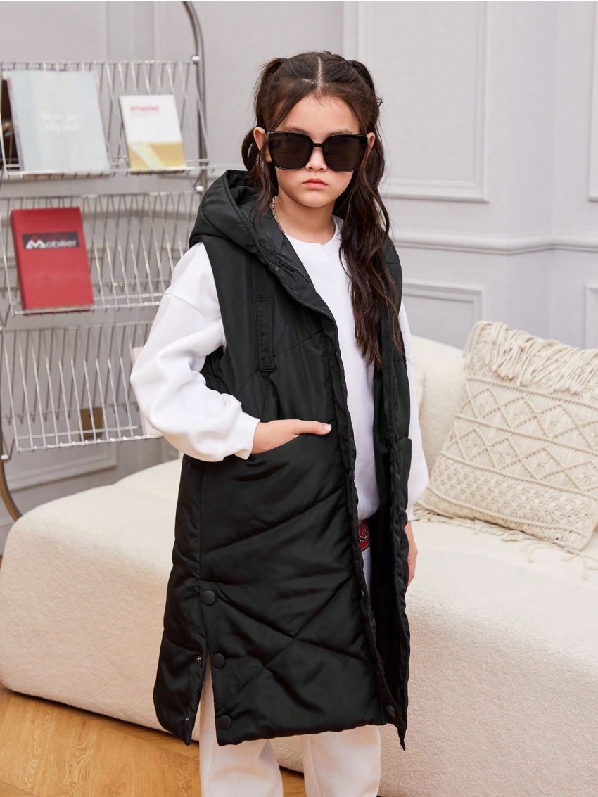 SHEIN Tween Girl 1pc Zipper Front Hooded Vest Puffer Coat