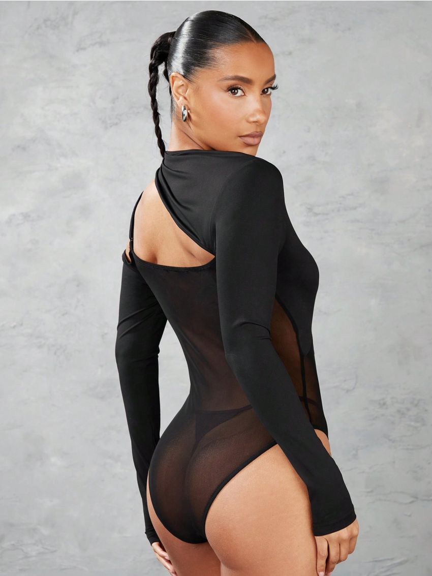 SHEIN BAE Women's Irregular Shoulder Cutout Mesh Splice Bodysuit, Slim Fit