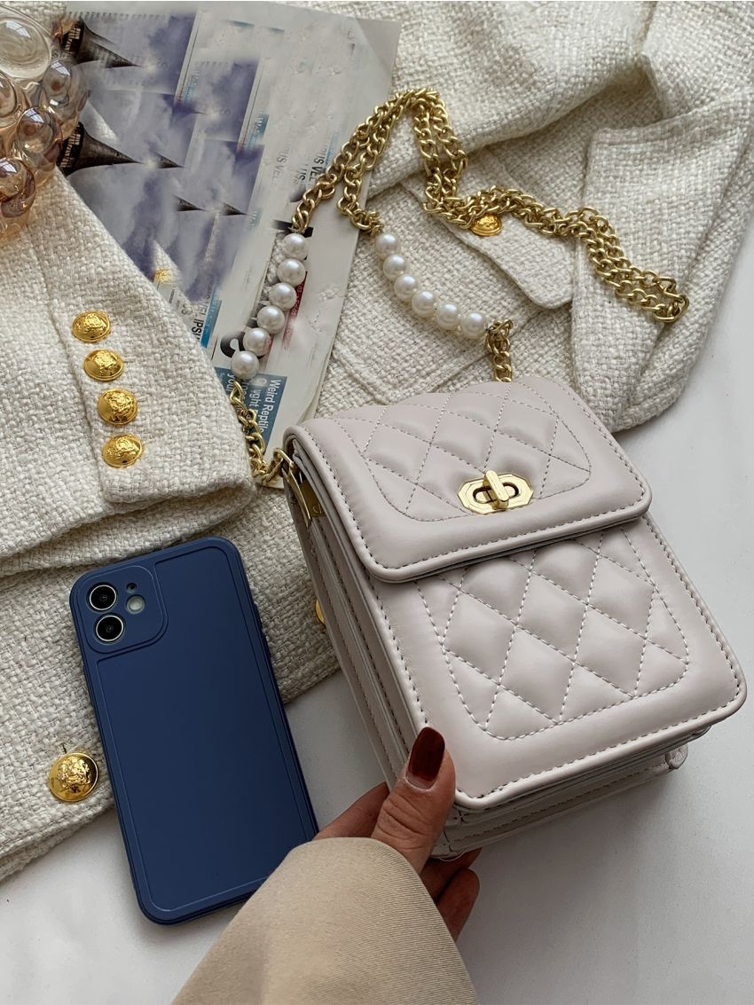 Mini Minimalist Quilted Faux Pearl Decor Square Bag