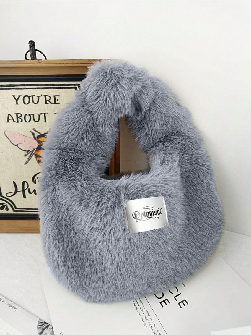 thegypsygoddess Cartoon Black Alphabet Plush Simple Fashionable Women's Dumpling Bag Handbag Fashion Clutch Knot Super Soft Personalized Letter Slogan Fuzy Handbag Underarm Bag